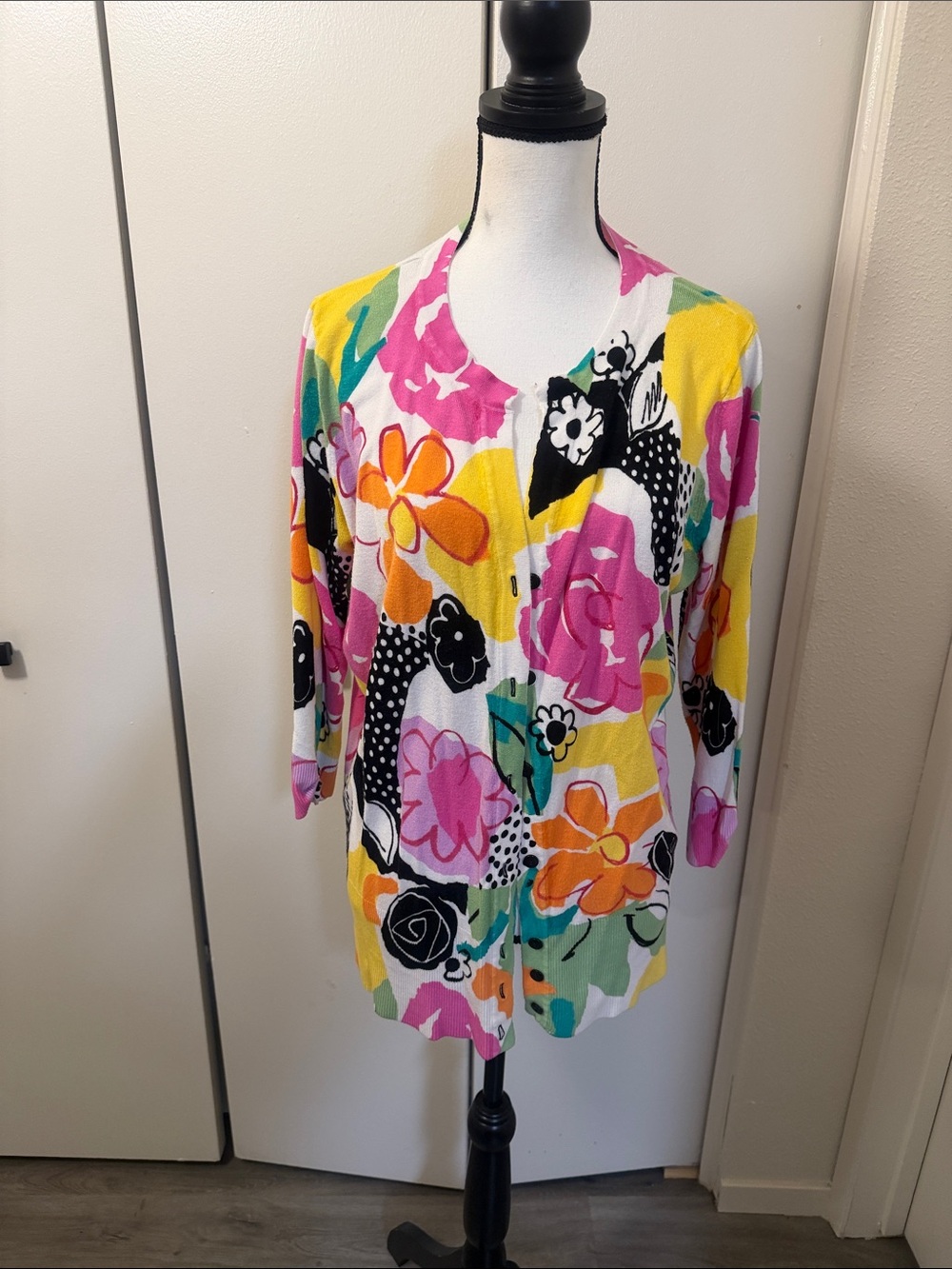 Cyrus Floral Button-Front Cardigan in White, Pink, Yellow, Orange, Black
